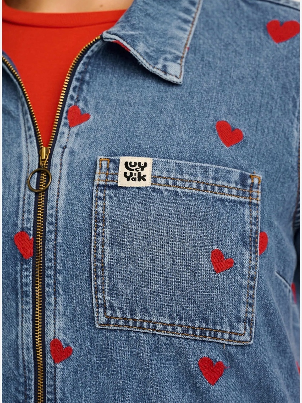 Lucy & Yak Ragan mid-wash Denim Jumpsuit with cupid Hearts US 8 UK 12